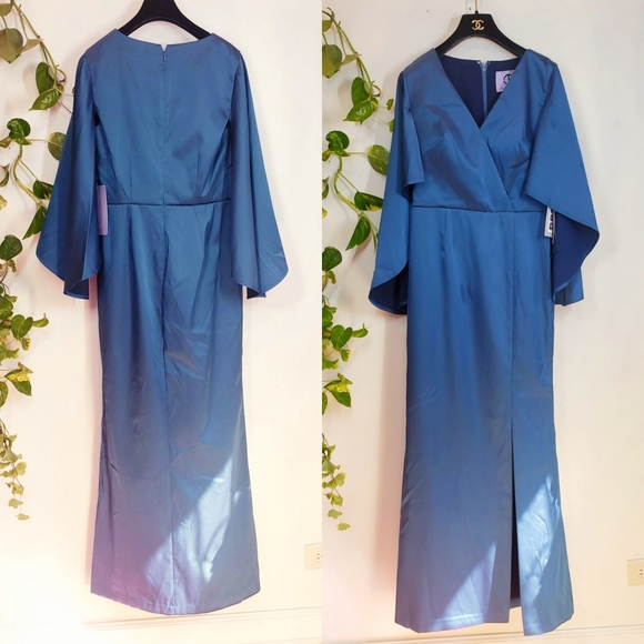 NWT $348 JS COLLECTIONS Maxi Dress Womens Navy 2 XS Cape Sleeve Wedding Empire - Picture 2 of 12